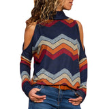 Women Blouses Sexy Cold Shoulder Tops Casual Turtleneck Knitted Top Jumper Pullover