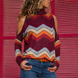 Women Blouses Sexy Cold Shoulder Tops Casual Turtleneck Knitted Top Jumper Pullover