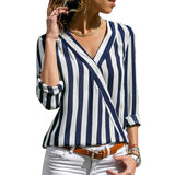 Women Striped Blouse Shirt Long Sleeve Blouse V-neck Shirts Casual