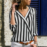 Women Striped Blouse Shirt Long Sleeve Blouse V-neck Shirts Casual