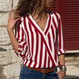 Women Striped Blouse Shirt Long Sleeve Blouse V-neck Shirts Casual