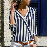 Women Striped Blouse Shirt Long Sleeve Blouse V-neck Shirts Casual