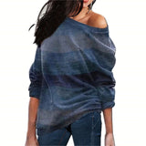 Women Blouses Off Shoulder Tops Striped Print Pullover Jumpers Casual