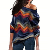 Women Blouses Off Shoulder Tops Striped Print Pullover Jumpers Casual