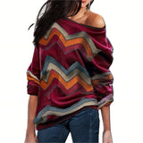 Women Blouses Off Shoulder Tops Striped Print Pullover Jumpers Casual