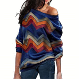 Women Blouses Off Shoulder Tops Striped Print Pullover Jumpers Casual