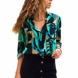 Women Chiffon Blouses Long Sleeve Turn Down Collar Office Shirt Geometric