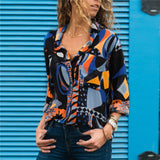 Women Chiffon Blouses Long Sleeve Turn Down Collar Office Shirt Geometric