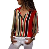 Chiffon Blouse Women Long Sleeve Striped Shirt Turn Down Collar