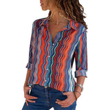 Chiffon Blouse Women Long Sleeve Striped Shirt Turn Down Collar