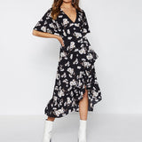 Women Boho Floral Print Chiffon Dress Sexy Summer Beach Dress Casual V