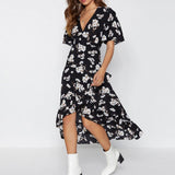 Women Boho Floral Print Chiffon Dress Sexy Summer Beach Dress Casual V