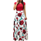 Floral Print Summer Boho Dress Women Casual Short Sleeve Patchwork Dress