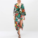 2019 Summer Chiffon Dress Women Floral Print Long Boho Beach Dress Sexy Deep V-neck