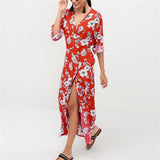 2019 Summer Chiffon Dress Women Floral Print Long Boho Beach Dress Sexy Deep V-neck