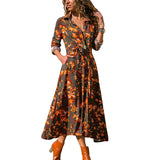 Summer Long Dress Women Floral Print Boho Chiffon Dress Long Sleeve