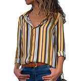 Striped Blouse Women Long Sleeve Turn Down Collar Office Shirt Summer Chiffon