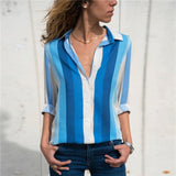 Striped Blouse Women Long Sleeve Turn Down Collar Office Shirt Summer Chiffon