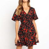 Summer Beach Dress Women 2019 Boho Floral Print Chiffon Mini Dress Sexy V Neck