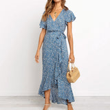 Long Maxi Dress Women Summer Bohemian Chiffon Floral Print Beach Dress Sexy V Neck